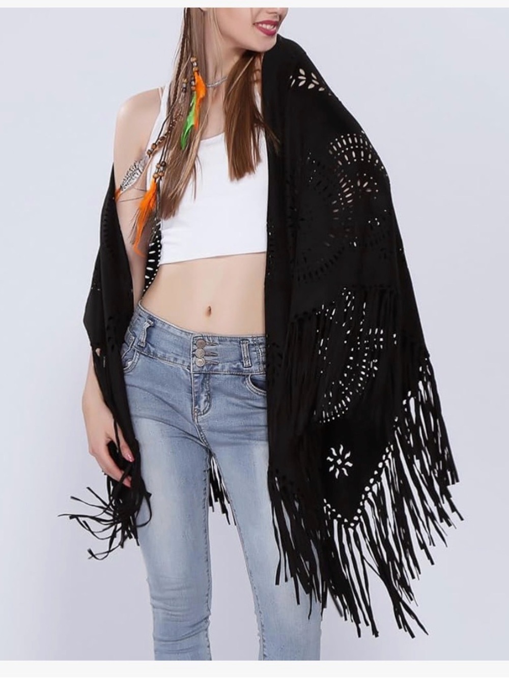 SAACHI Black Crochet Fringe Kimono Cardigan